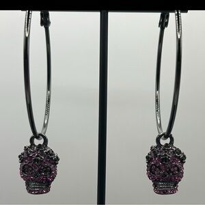 Gunmetal and Pink Rhinestone Skull Hoop Earrings